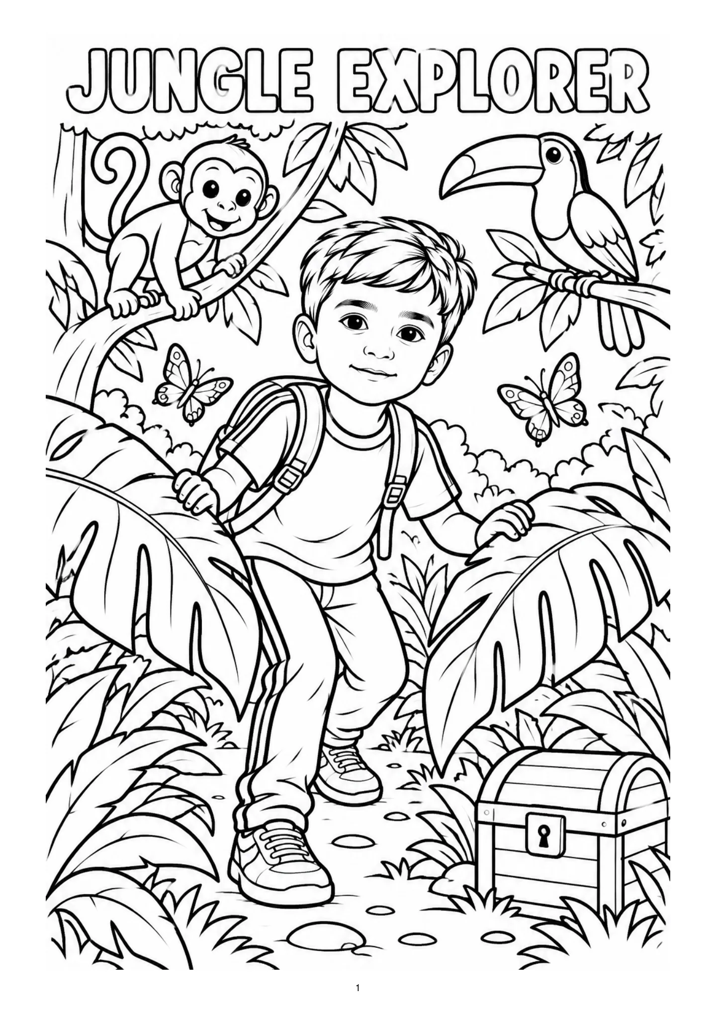 A child explores a jungle with a monkey, toucan and treasure chest. Black-and-white coloring page.