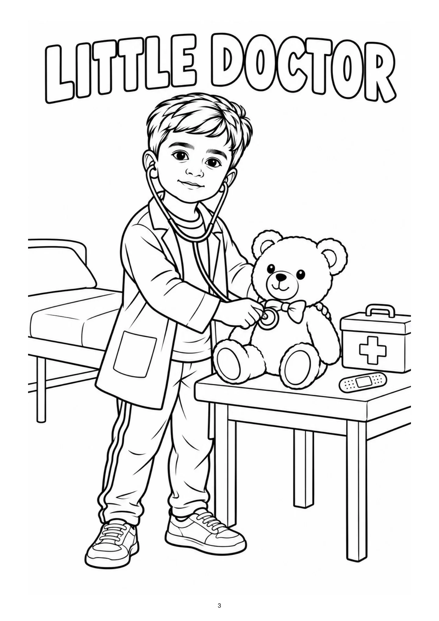 A child doctor cares for a teddy bear. Black-and-white coloring page.