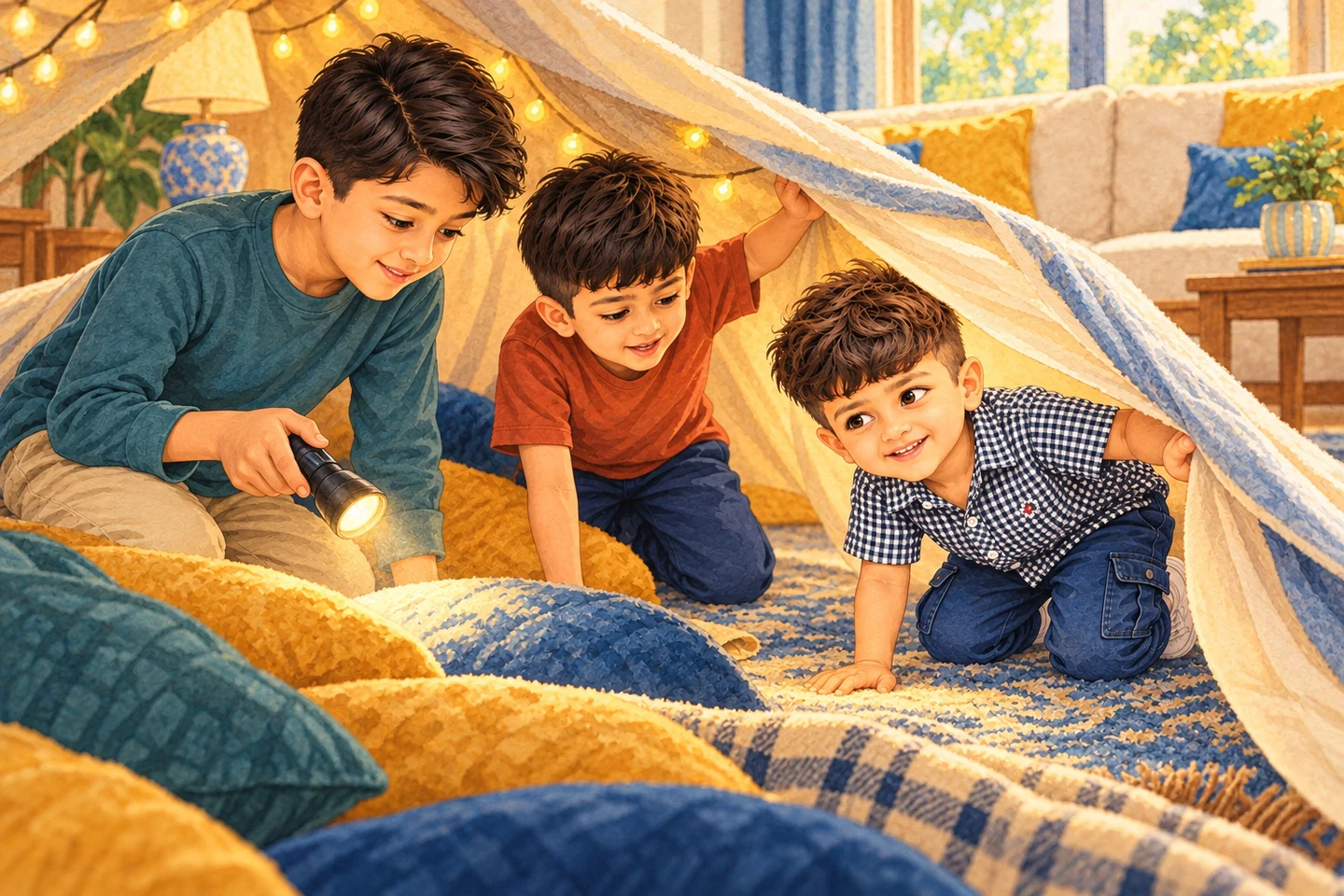 The children look into a blanket cave with a torch