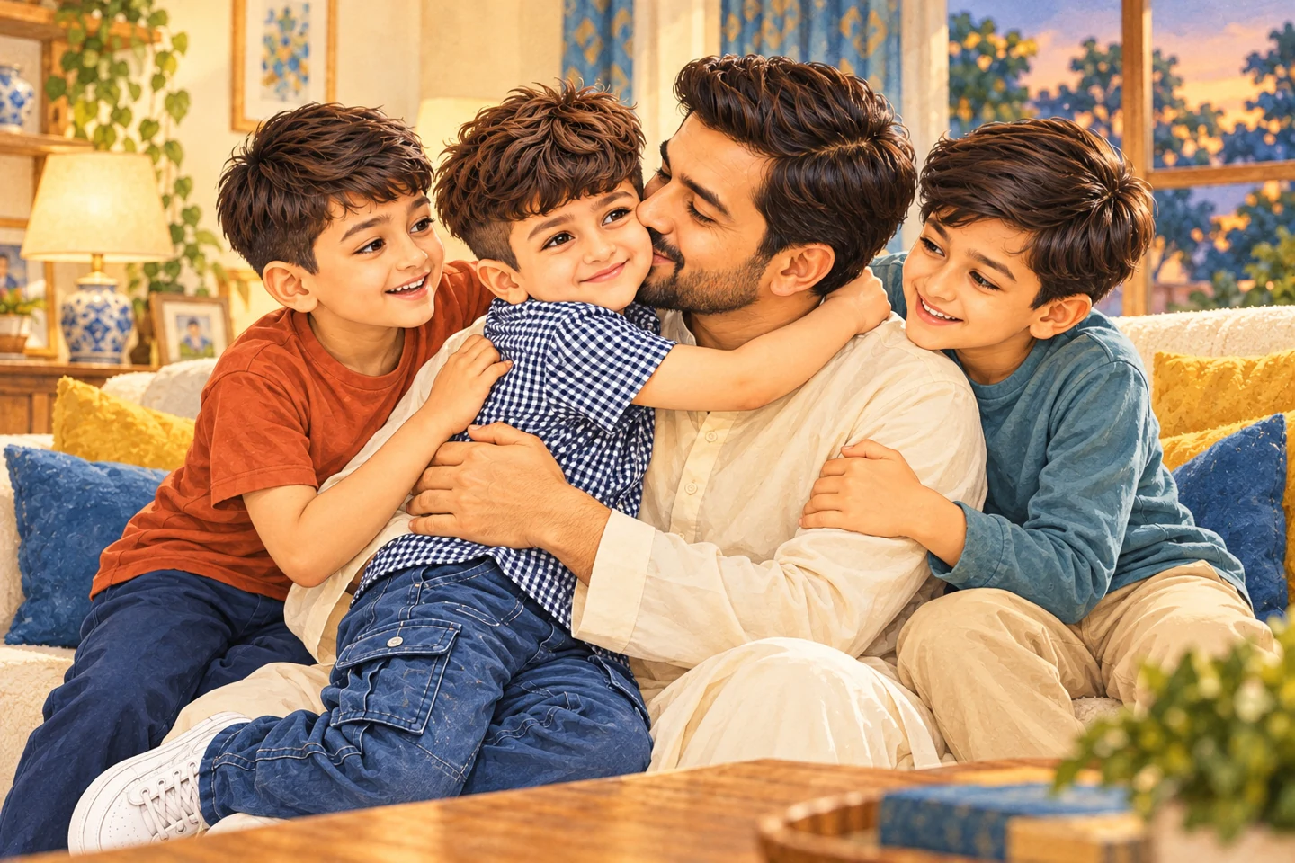 An illustrated father embraces three children on a sofa