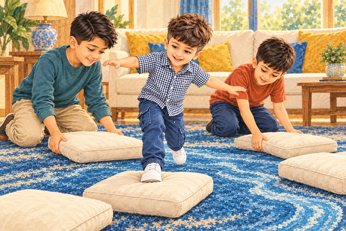 The children use cushions as stepping stones across a blue rug