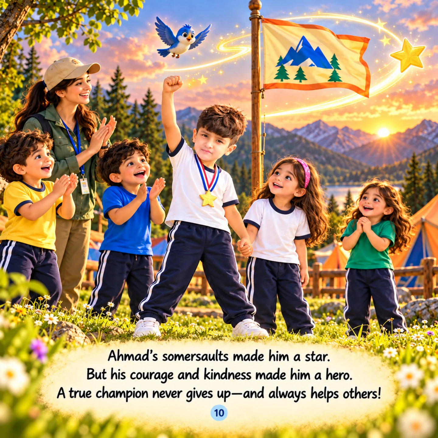 Ahmad celebrates with a medal, classmates and the camp flag at sunset