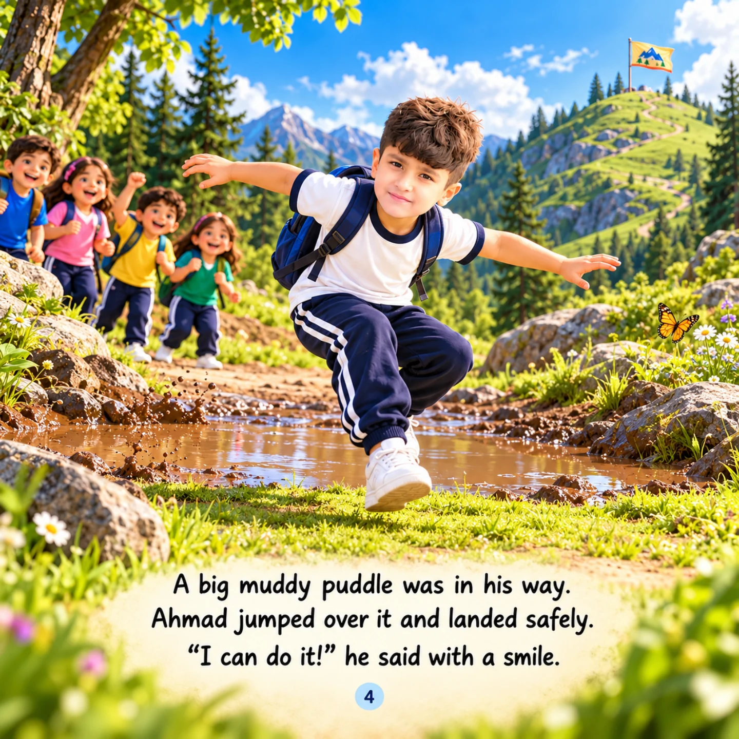 Ahmad jumps over a muddy puddle as the other children watch
