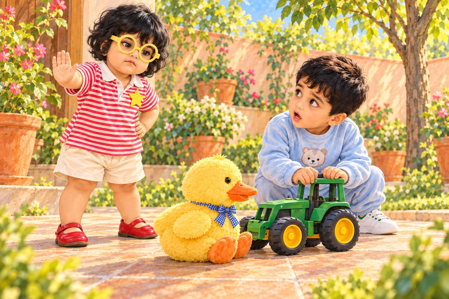 A toy duck blocks the small tractor on the garden path