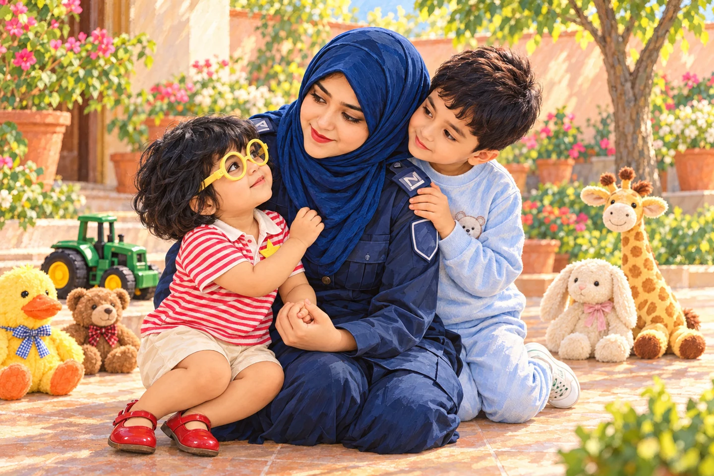 An illustrated mother holds two children close in the garden