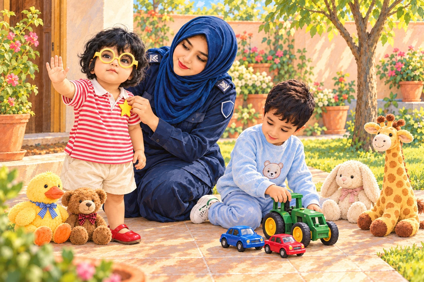 The illustrated child wears a paper badge beside the toy vehicles