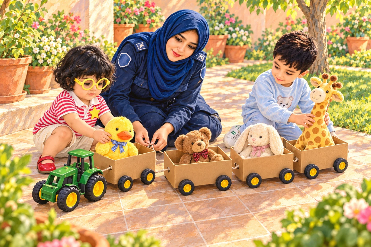 Illustrated family makes a toy tractor parade with animal passengers in the garden