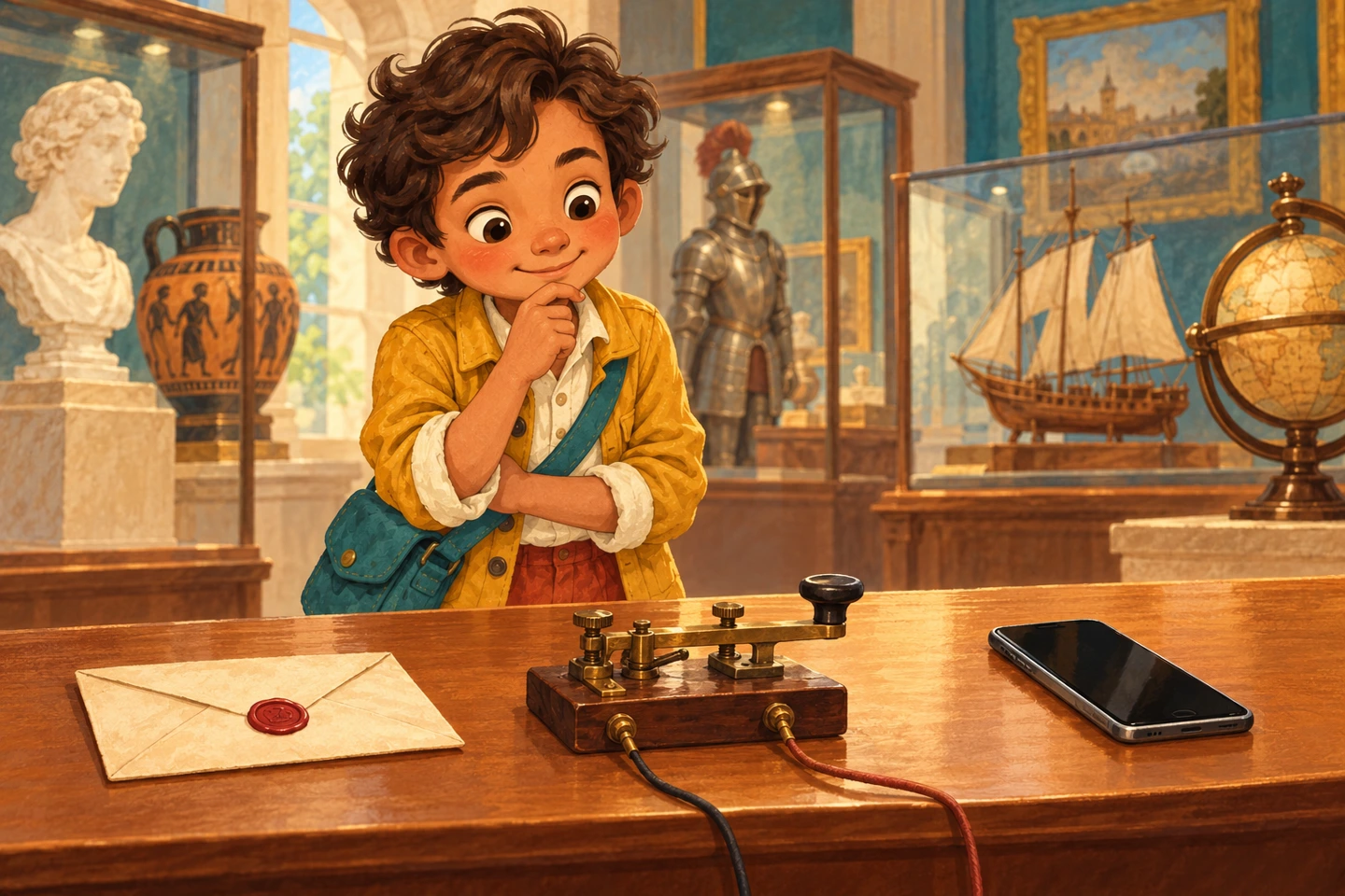 Fictional explorer discovers an envelope, a telegraph key with wires and a modern phone in an imaginary comparison scene.