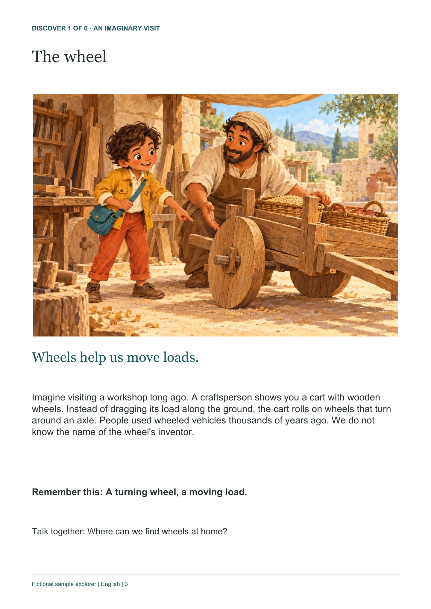 Actual sample PDF page: the explorer discovers a cart with wooden wheels, with a short explanation and parent prompt.